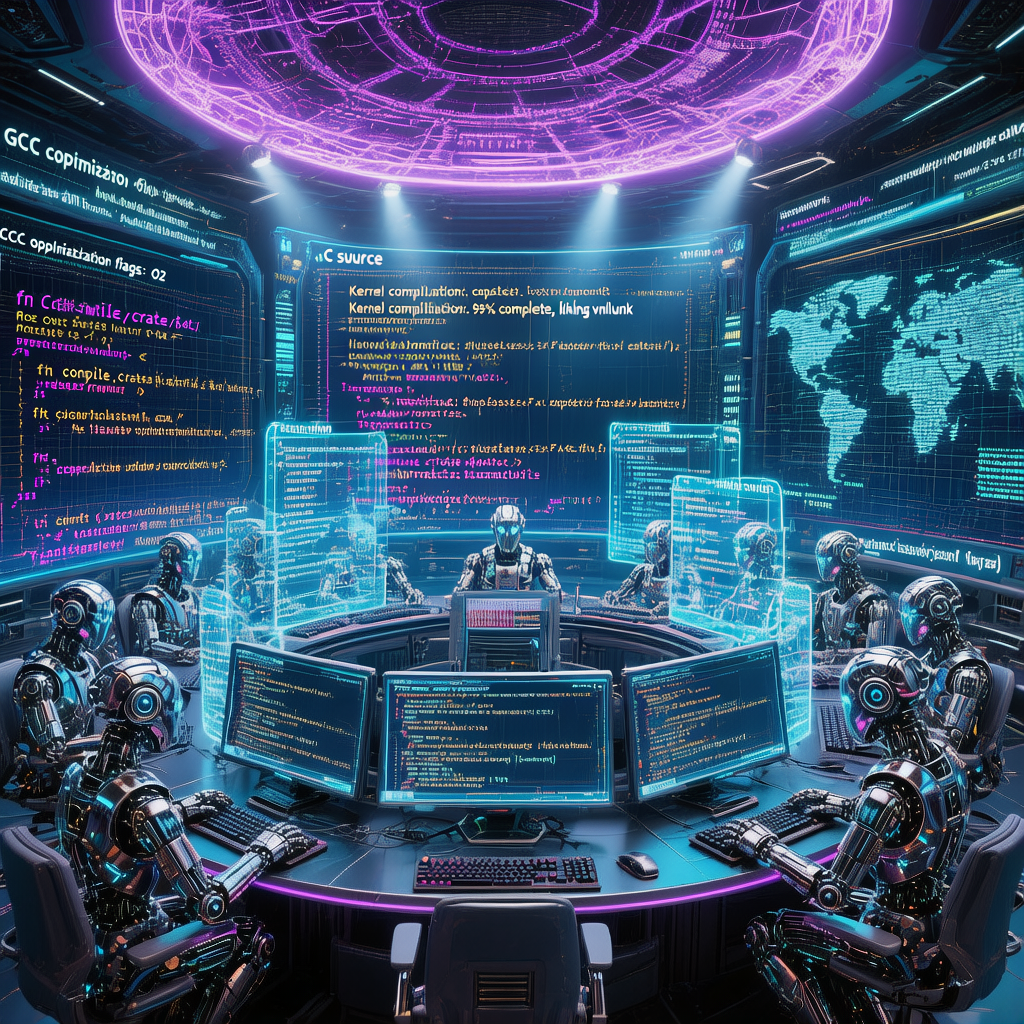 16 个 AI 智能体在未来感指挥中心协作编写 C 编译器的概念图